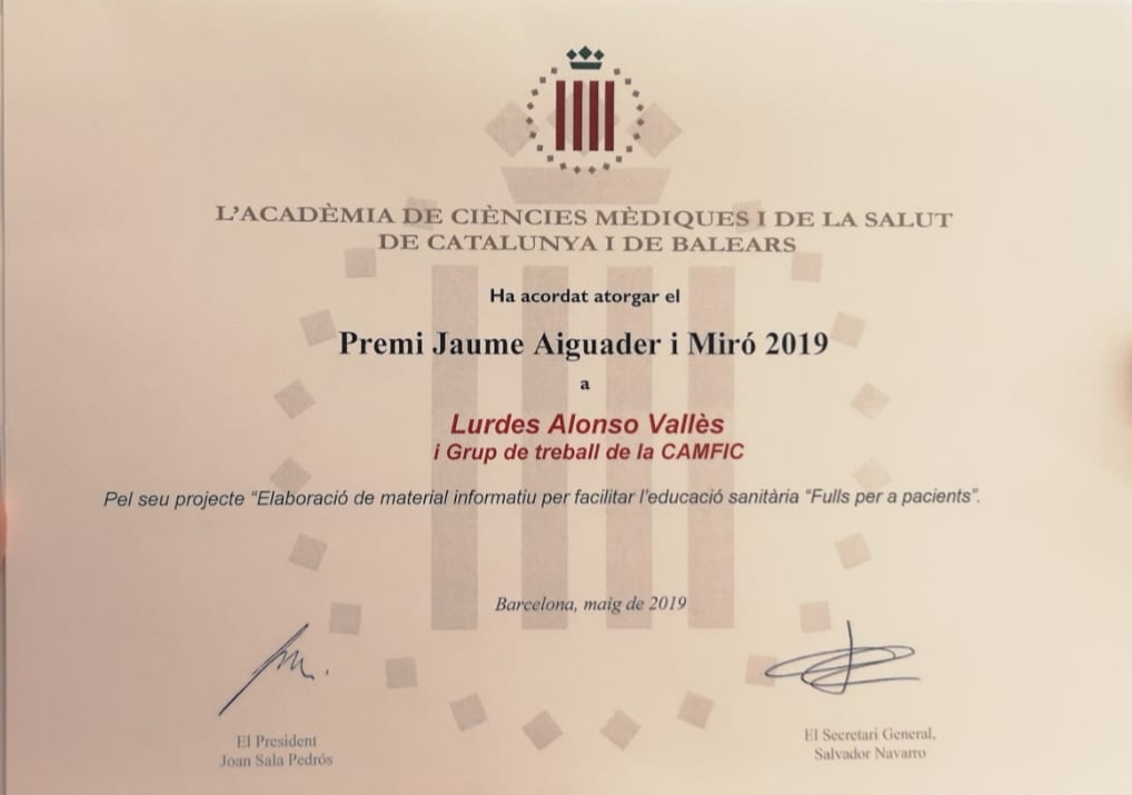 Premi Jaume Aiguader i Miró de l´ACMCiB per al projecte Fulls per a Pacients de CAMFiC